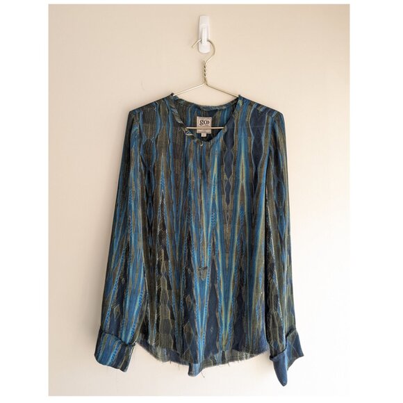 Go> by GoSilk abstract pattern snap button blouse - Picture 1 of 9